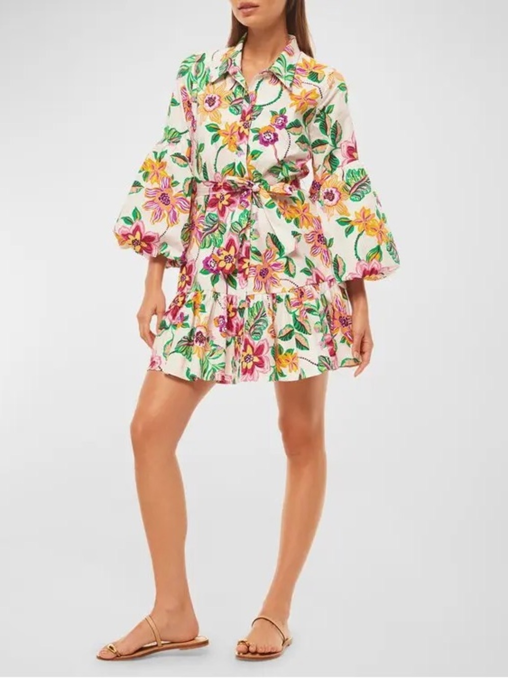 $385 MISA Los Angeles Martina Floral-Print Balloon-Sleeve Mini Shirtdress
